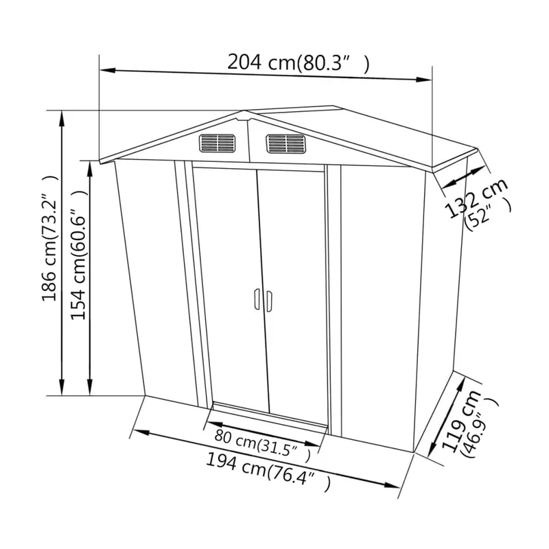 Abri de jardin cabane cabanon maison de stockage remise extérieur hangar outils robuste métal 204 x 132 x 186 cm gris 02_0022388