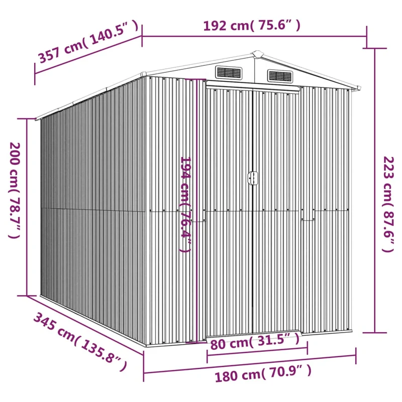Abri de jardin cabane cabanon maison de stockage remise extérieur hangar outils robuste clair 192 x 357 x 223 cm acier galvanisé gris 02_0022257