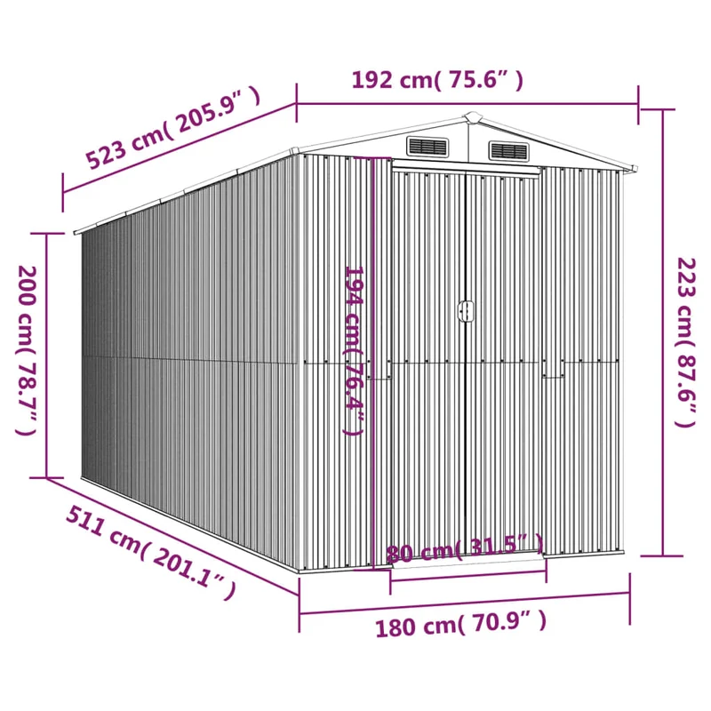 Abri de jardin cabane cabanon maison de stockage remise extérieur hangar outils robuste clair 192 x 523 x 223 cm acier galvanisé gris 02_0022259