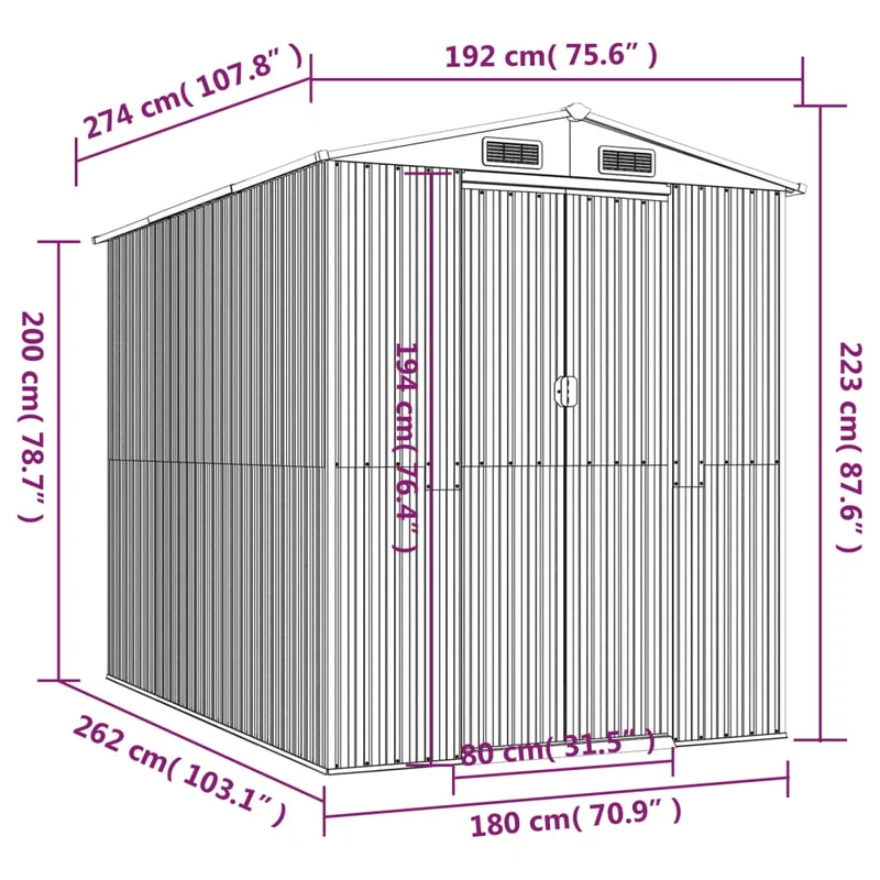 Abri de jardin cabane cabanon maison de stockage remise extérieur hangar outils robuste clair 192 x 274 x 223 cm acier galvanisé gris 02_0022256