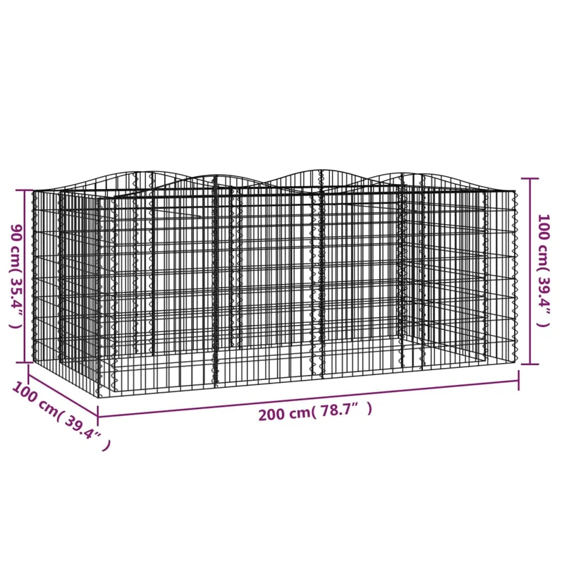 Lit surélevé à gabions arqué 200 x 100 x 100 cm fer galvanisé Argent 02_0039930