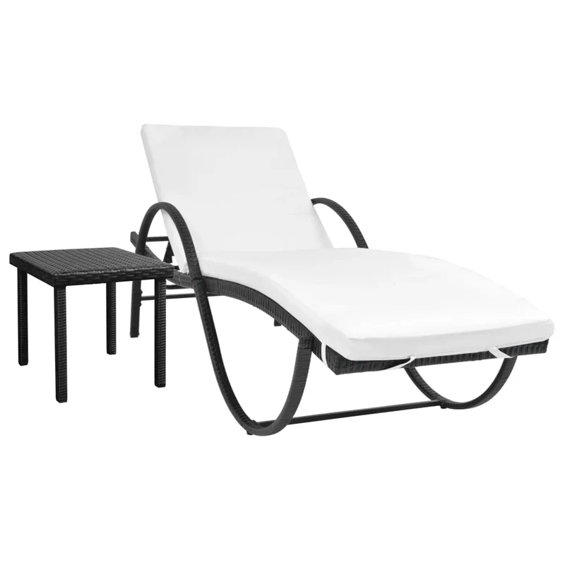 Transat chaise longue bain de soleil lit de jardin terrasse meuble d'extérieur avec coussin et table résine tressée noir 02_0012453