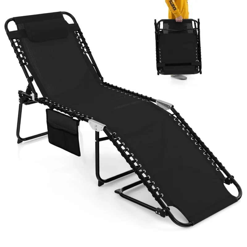 Chaise longue pliante 189 x 59 x 40 cm avec dossier réglable et appuie-tête amovible en tissu noir 20_0020968