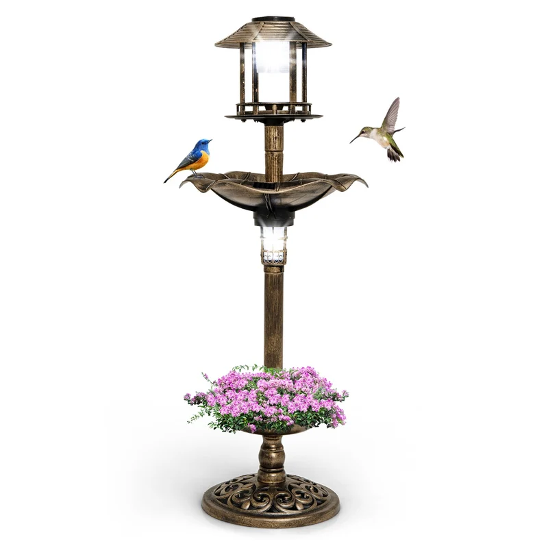Bain d'oiseaux solaire 43 x 110 cm éclairé avec mangeoire intégrée et jardinière décorative en PP bronze 20_0010496