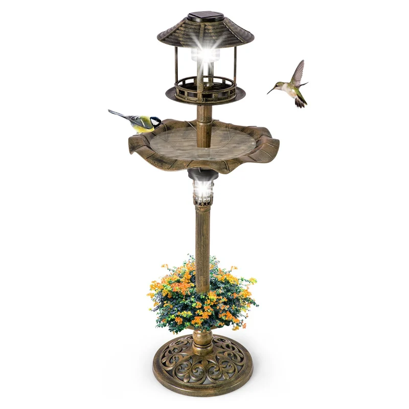 Bain d'oiseaux solaire 43 x 110 cm éclairé avec mangeoire intégrée et jardinière décorative en PP bronze 20_0010496