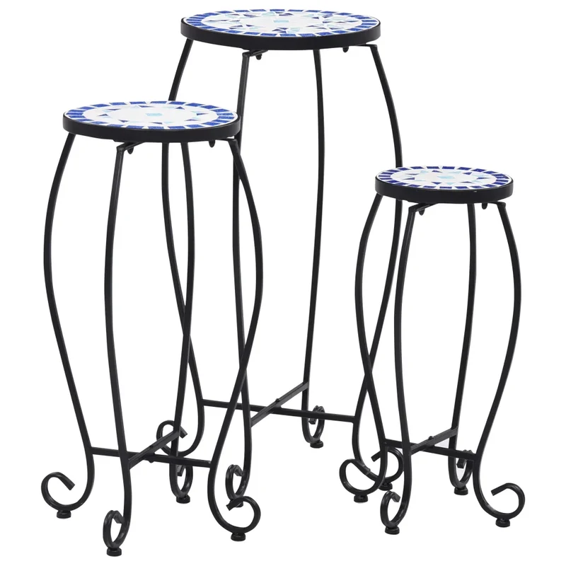 Lot de 3 tables mosaïque design extérieur bleu blanc 30 x 70 cm 25 x 60 cm 20 x 50 cm en céramique 02_0045921