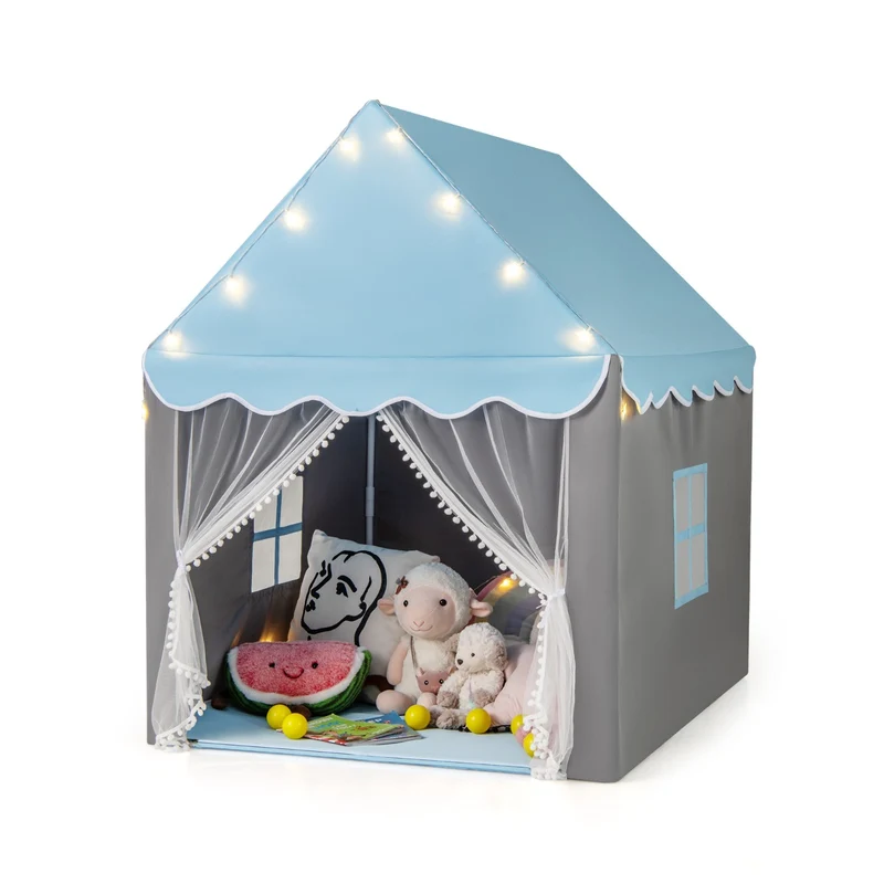 Tente de jeux enfant 105 x 121 x 136 cm spacieuse avec lumière étoilée ambiance cosy en polyester-coton bleu 20_0014315
