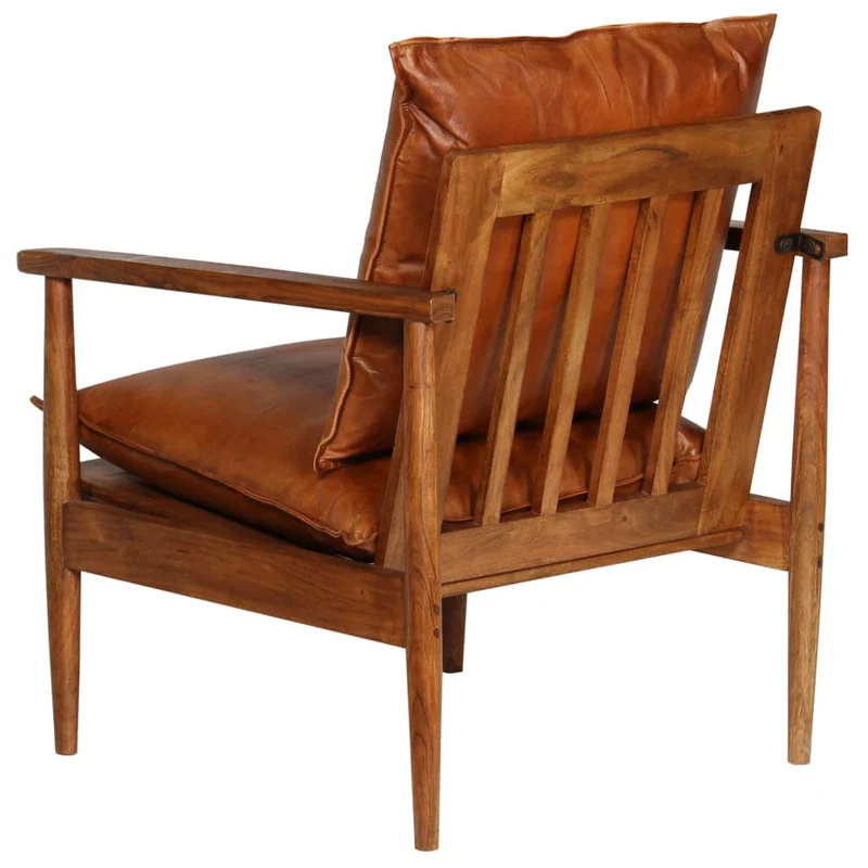 Fauteuil chaise siège lounge design club sofa salon cuir véritable avec bois d'acacia marron 1102146/3