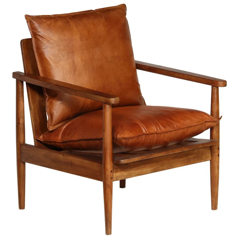 Fauteuil chaise siège lounge design club sofa salon cuir véritable avec bois d'acacia marron 1102146/3