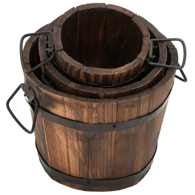 Lot de 3 jardinières godet en bois massif sapin forme originale décoratives avec trous de drainage en bois naturel 02_0047401