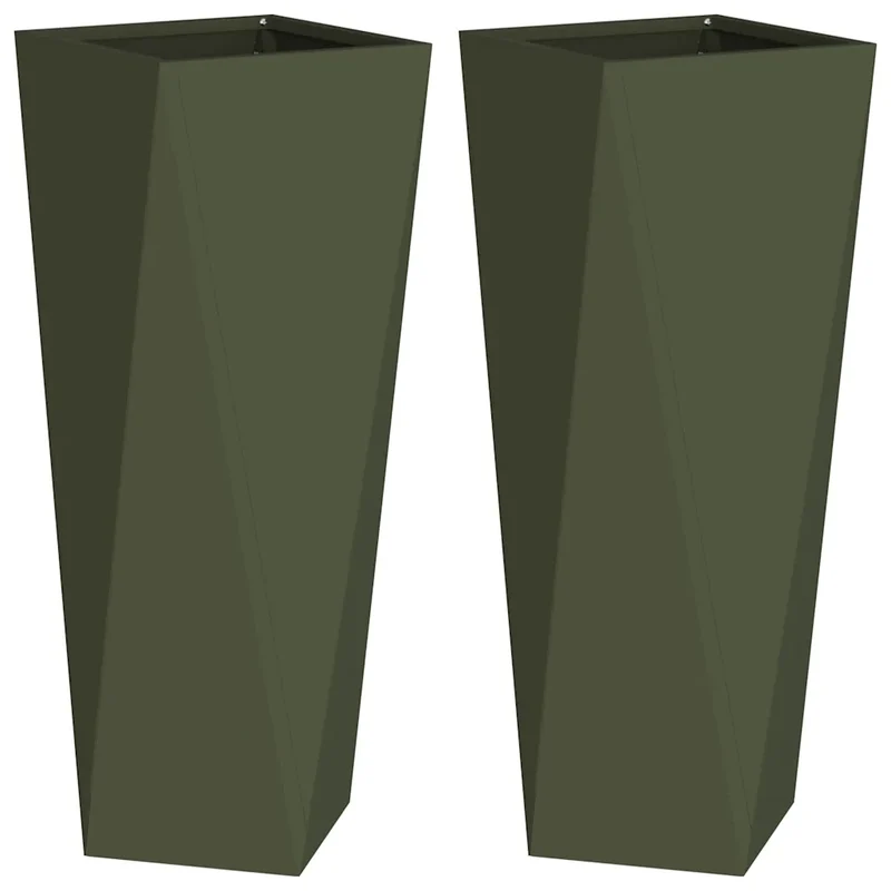Lot de 2 jardinières modernes 30 x 30 x 75 cm extérieur pratiques design chic en acier vert olive 02_0053013