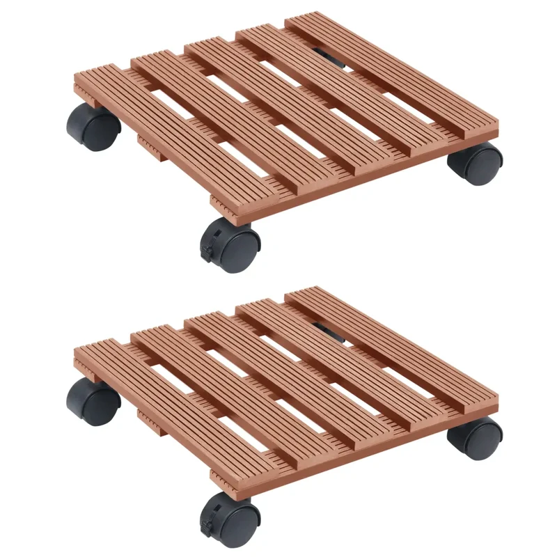 Lot de 2 chariots à plantes pratiques avec roulettes 30 x 30 x 7,5 cm en WPC marron 02_0046084