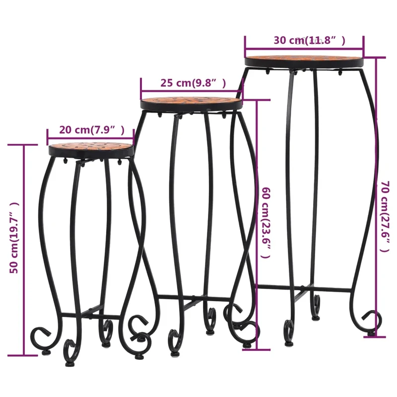 Lot de 3 tables d'appoint curvilignes modernes jardin balcon 30 x 70 cm 25 x 60 cm 20 x 50 cm en céramique terre cuite 02_0045920