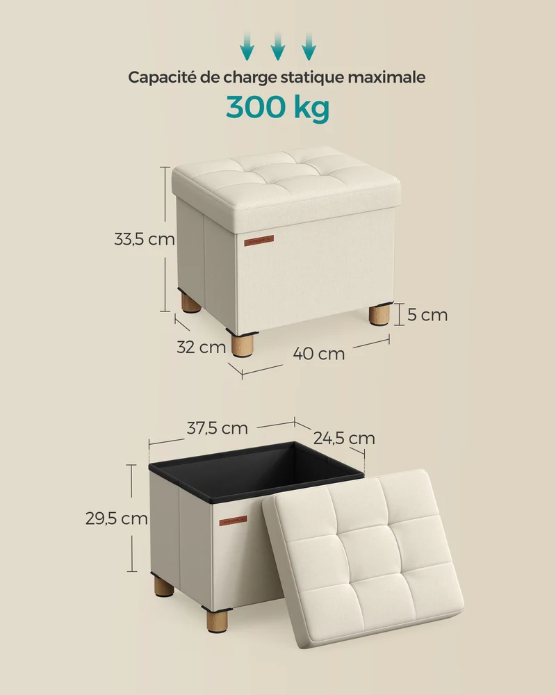 Pouf coffre de rangement tabouret avec repose-pieds pliable banc avec rangement 32 x 40 x 335 cm pour salon chambre beige 12_0007283