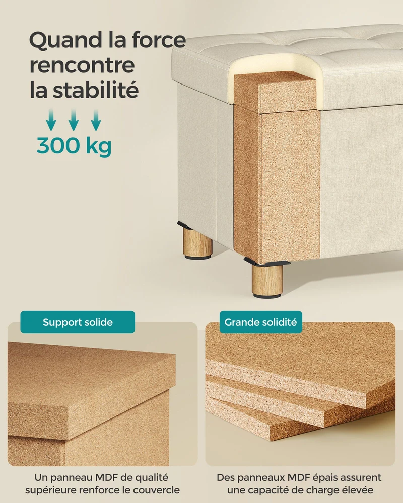 Pouf coffre de rangement tabouret avec repose-pieds pliable banc avec rangement 32 x 40 x 335 cm pour salon chambre beige 12_0007283