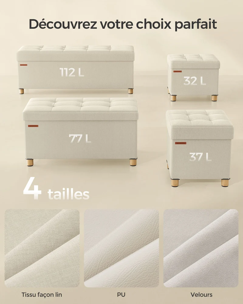 Pouf coffre de rangement tabouret avec repose-pieds pliable banc avec rangement 32 x 40 x 335 cm pour salon chambre beige 12_0007283