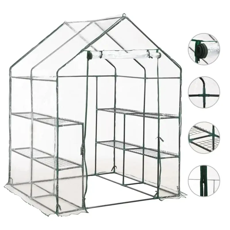 Serre de jardin avec 8 étagères 143 x 143 x 195 cm facile à monter et durable en acier vert 02_0045928