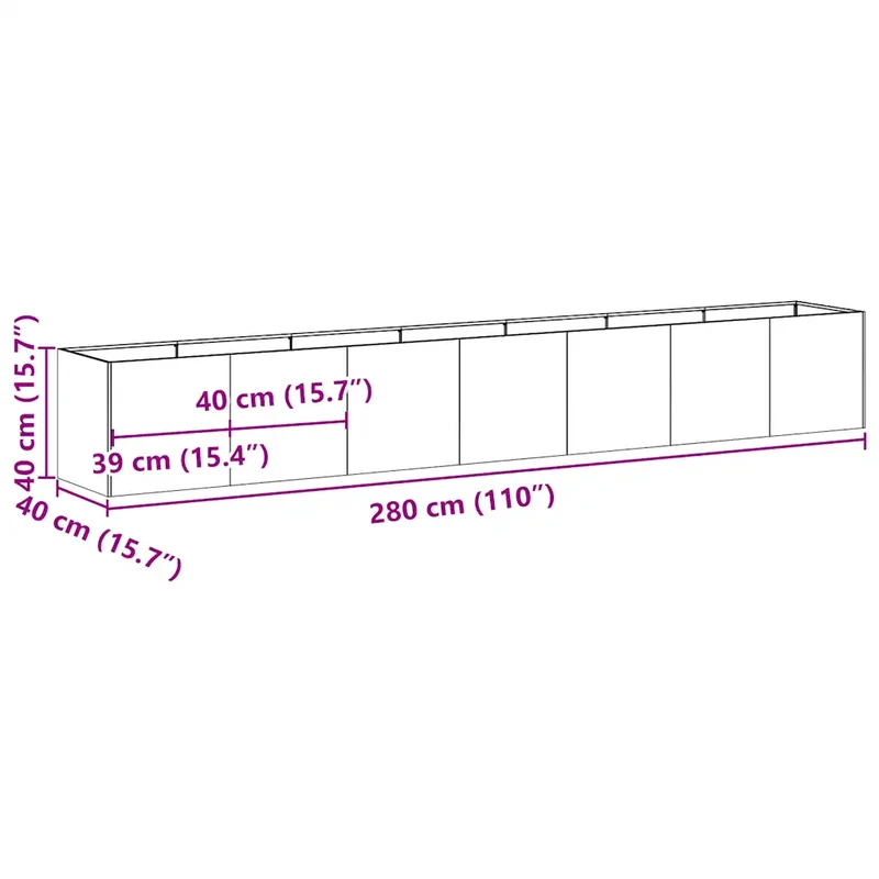 Jardinière moderne à fond ouvert bel équilibre décoratif pour jardin balcon 280 x 40 x 40 cm en acier inoxydable 02_0051482