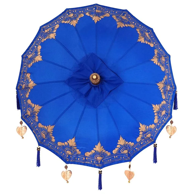 Parasol balinais rond 95 x 95 x 260 cm grand auvent décoratif ambiance tropicale en coton bleu 02_0058826