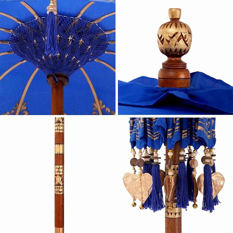 Parasol balinais rond 95 x 95 x 260 cm grand auvent décoratif ambiance tropicale en coton bleu 02_0058826