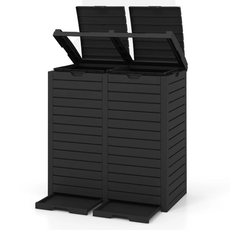 Poubelle extérieure 135 L à double seau tri efficace moderne pour cour et terrasse en PP noir 20_0019483