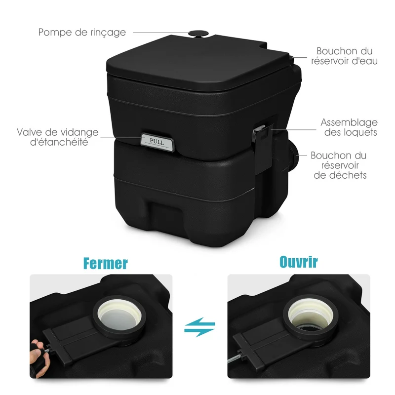 Toilettes chimiques portables 36 x 42 x 36 cm pratique léger réservoir 20 litres étanche en HDPE noir 20_0014729