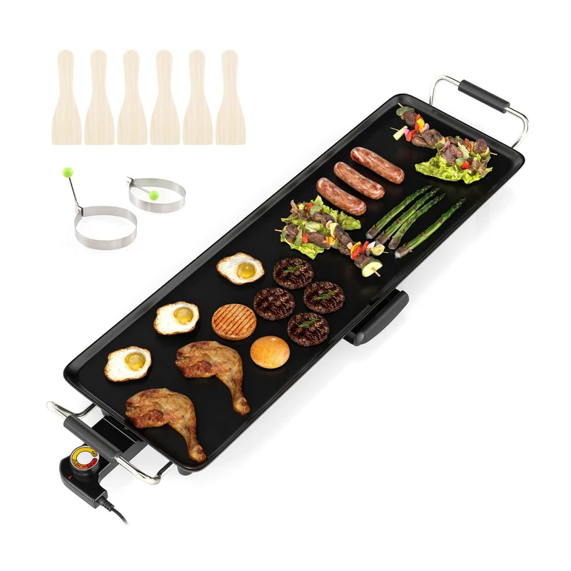 Plaque de cuisson électrique 67,5 x 22,5 cm pour barbecue portable antiadhésive réglable ambiance conviviale en aluminium noir 20_0017907