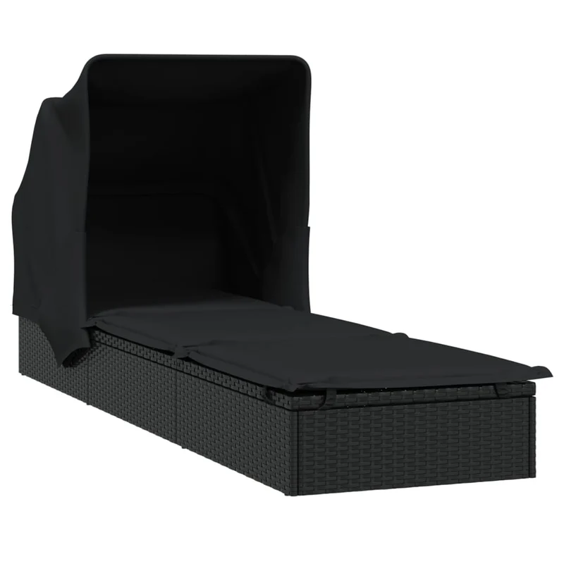 Transat chaise longue bain de soleil avec toit pliable 213 x 63 x 97 cm résine tressée noir 02_0012209