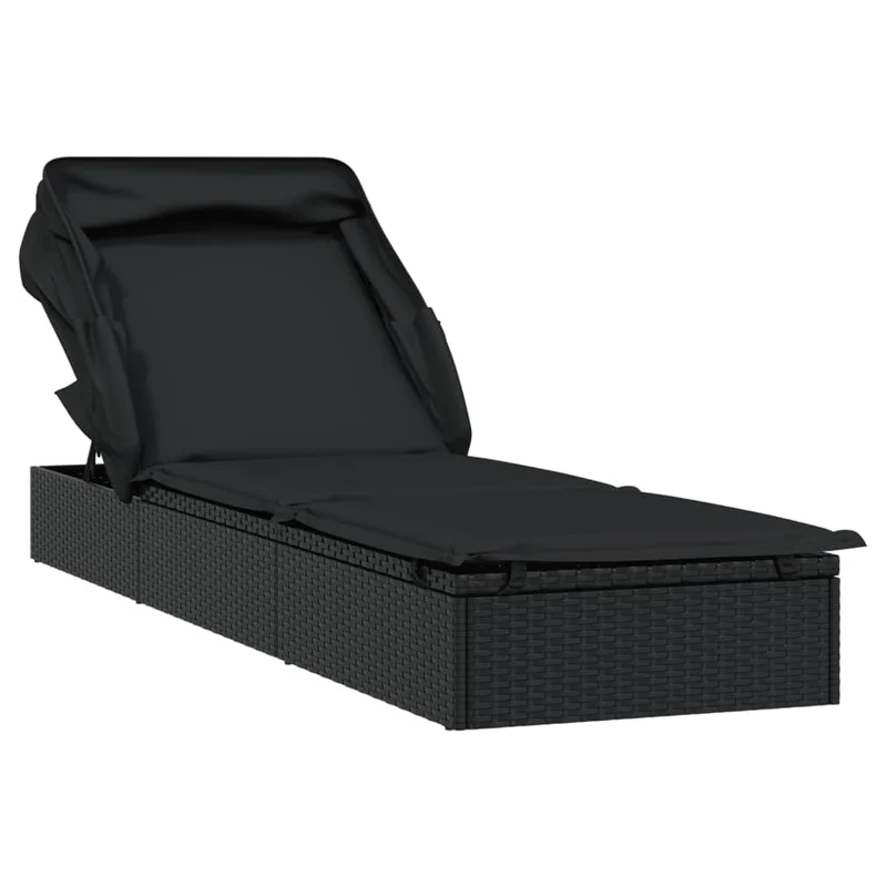Transat chaise longue bain de soleil avec toit pliable 213 x 63 x 97 cm résine tressée noir 02_0012209