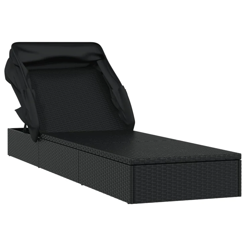 Transat chaise longue bain de soleil avec toit pliable 213 x 63 x 97 cm résine tressée noir 02_0012209