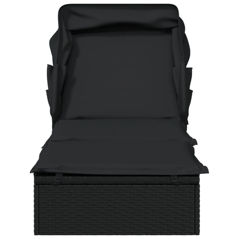 Transat chaise longue bain de soleil avec toit pliable 213 x 63 x 97 cm résine tressée noir 02_0012209