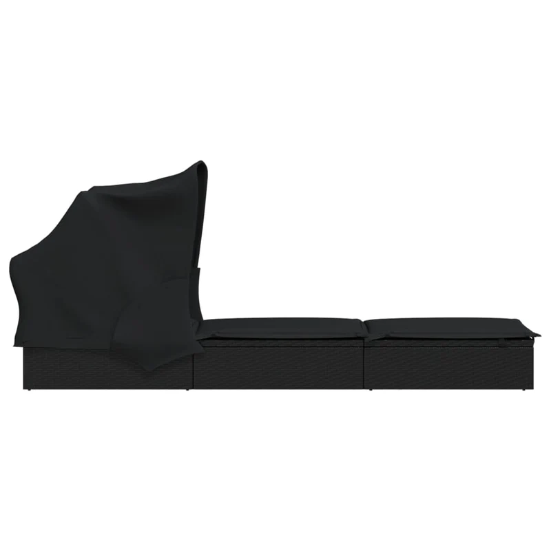 Transat chaise longue bain de soleil avec toit pliable 213 x 63 x 97 cm résine tressée noir 02_0012209