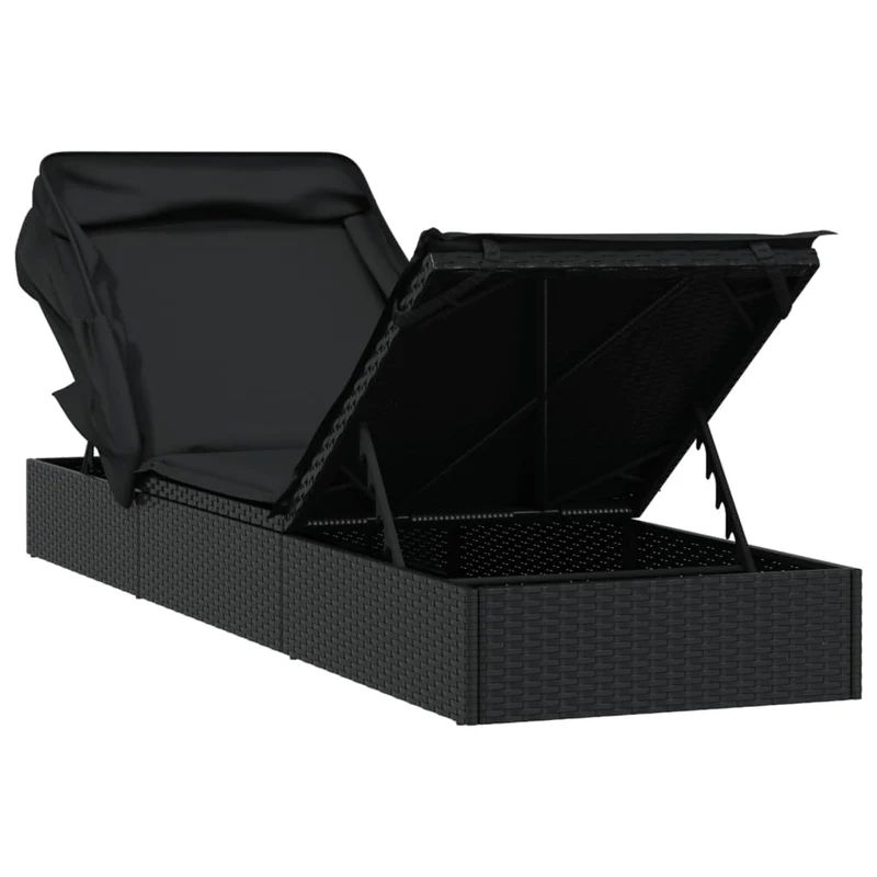 Transat chaise longue bain de soleil avec toit pliable 213 x 63 x 97 cm résine tressée noir 02_0012209