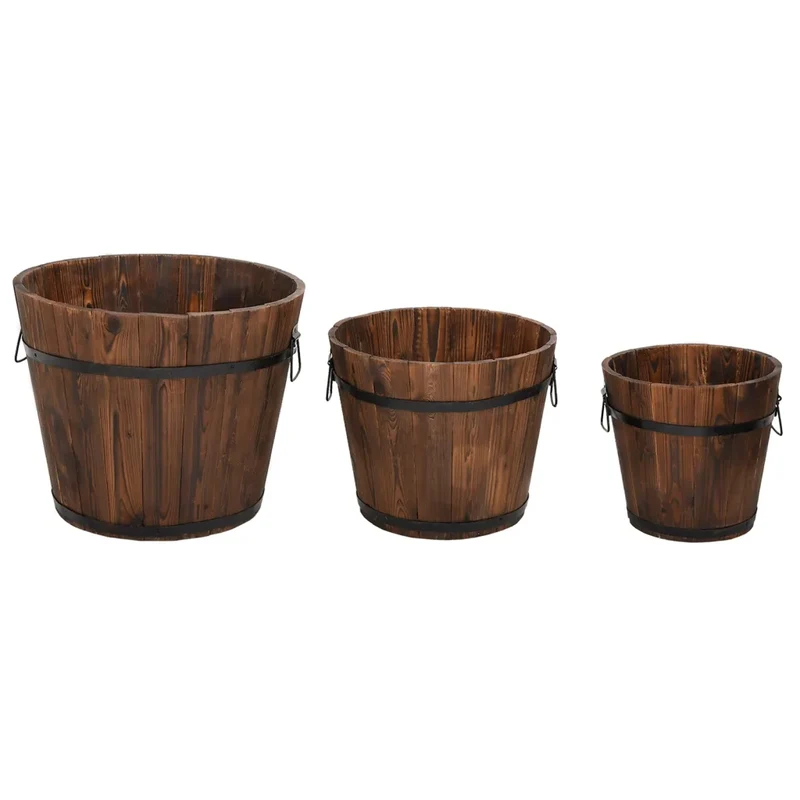 Lot de 3 jardinières en forme de godet bois massif sapin avec poignée métal pour plantes et fleurs en bois brûlé 02_0047400