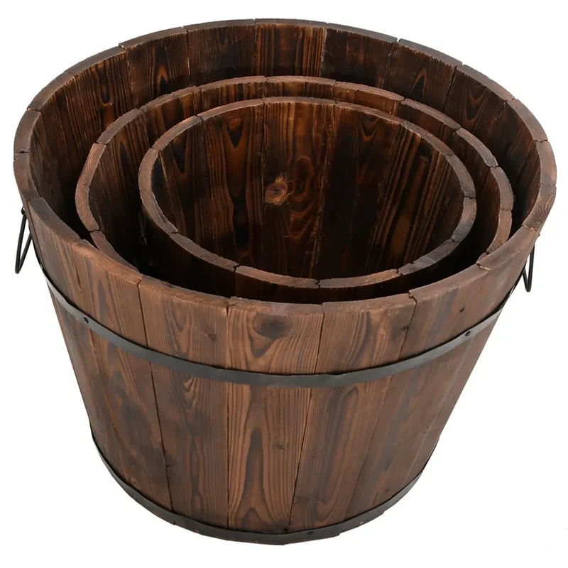 Lot de 3 jardinières en forme de godet bois massif sapin avec poignée métal pour plantes et fleurs en bois brûlé 02_0047400