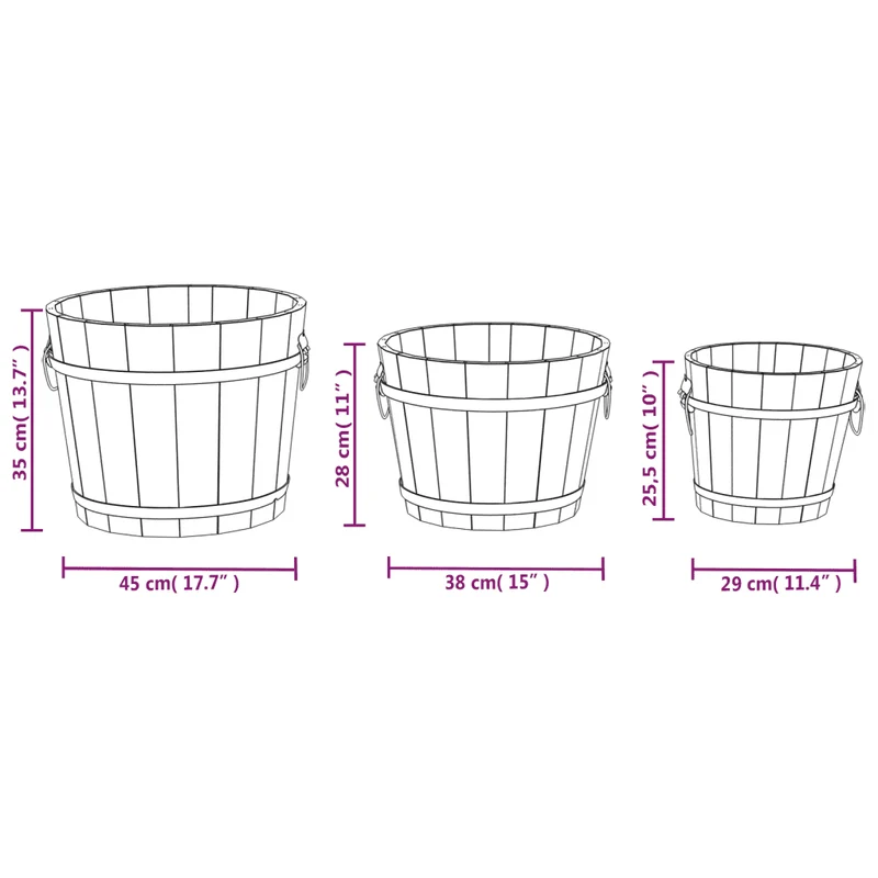 Lot de 3 jardinières en forme de godet bois massif sapin avec poignée métal pour plantes et fleurs en bois brûlé 02_0047400