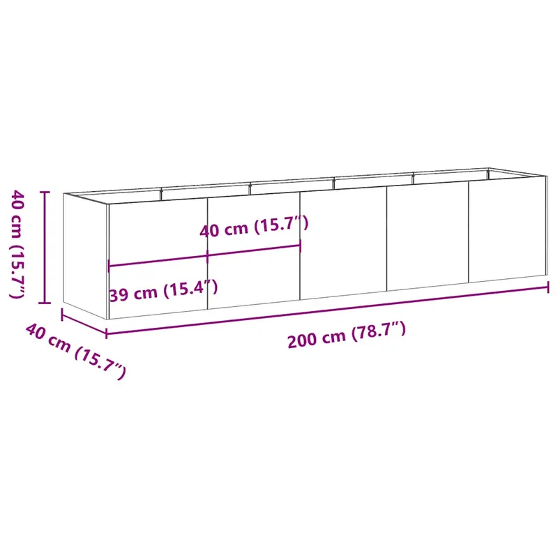 Jardinière rectangulaire moderne pour extérieur 200 x 40 x 40 cm design élégant en acier inoxydable 02_0051475