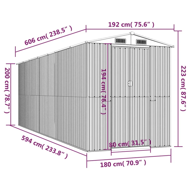 Abri de jardin cabane cabanon maison de stockage remise extérieur hangar outils robuste foncé 192 x 606 x 223 cm acier galvanisé marron 02_0022322