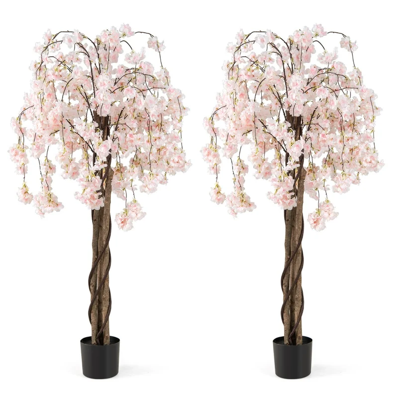 Lot de 2 cerisiers artificiels 160 cm aspect naturel avec fleurs roses et blanches style moderne en polyester blanc 20_0012403