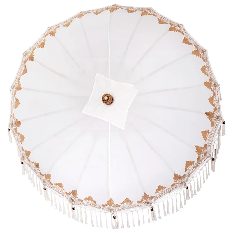 Parasol balinais rond 185 x 185 x 260 cm protection solaire élégant style tropical en coton crème 02_0058813