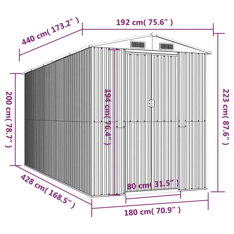 Abri de jardin cabane cabanon maison de stockage remise extérieur hangar outils robuste foncé 192 x 440 x 223 cm acier galvanisé marron 02_0022320