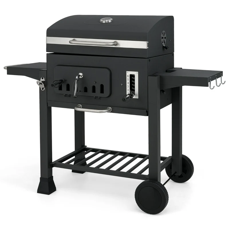 Barbecue à charbon 132 x 57 x 106 cm avec 2 tables pliantes ajustables 6 positions noir en acier laminé à froid 20_0010596