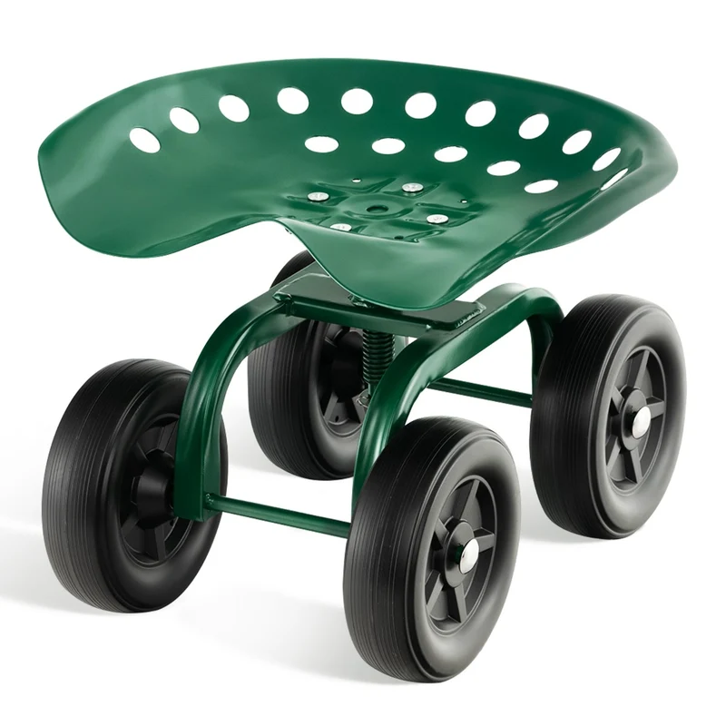 Chariot tabouret de jardin pivotant 47 x 31 x 28-40,5 cm réducteur de fatigue multi-usages style tendance en métal vert 20_0017600