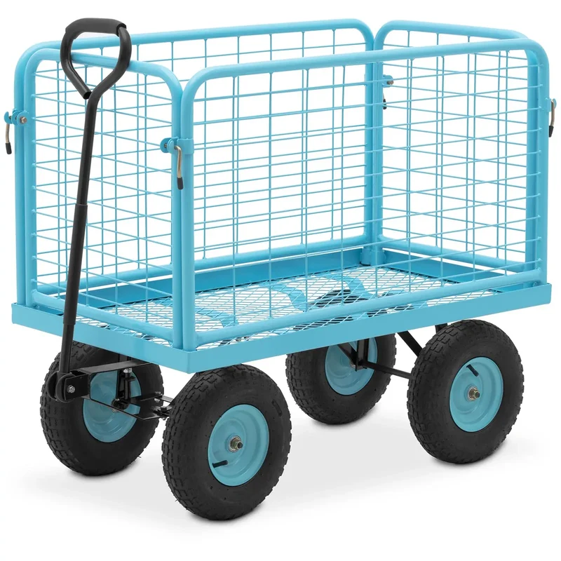 Chariot de jardin 400 kg barrières latérales amovibles caoutchouc plastique acier peint par poudrage bleu 14_0008601