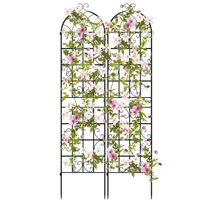 Lot de 2 treillis de jardin en métal 220 x 50 cm pour plantes grimpantes design décoratif en métal noir 20_0012557