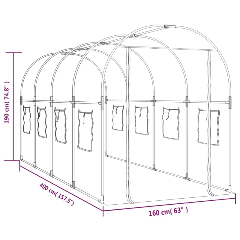 Serre tente abri plante fleur légumes Transparent 160 x 400 x 190 cm PVC et acier enduit de poudre Transparent 02_0044664