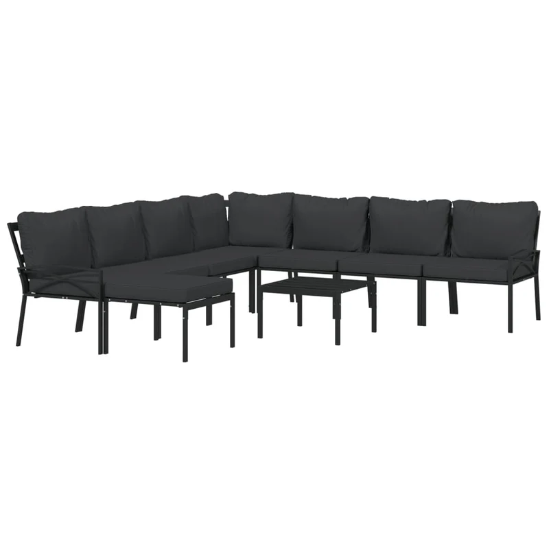 Salon de jardin meuble d'extérieur ensemble de mobilier 9 pièces avec coussins gris acier 02_0017978