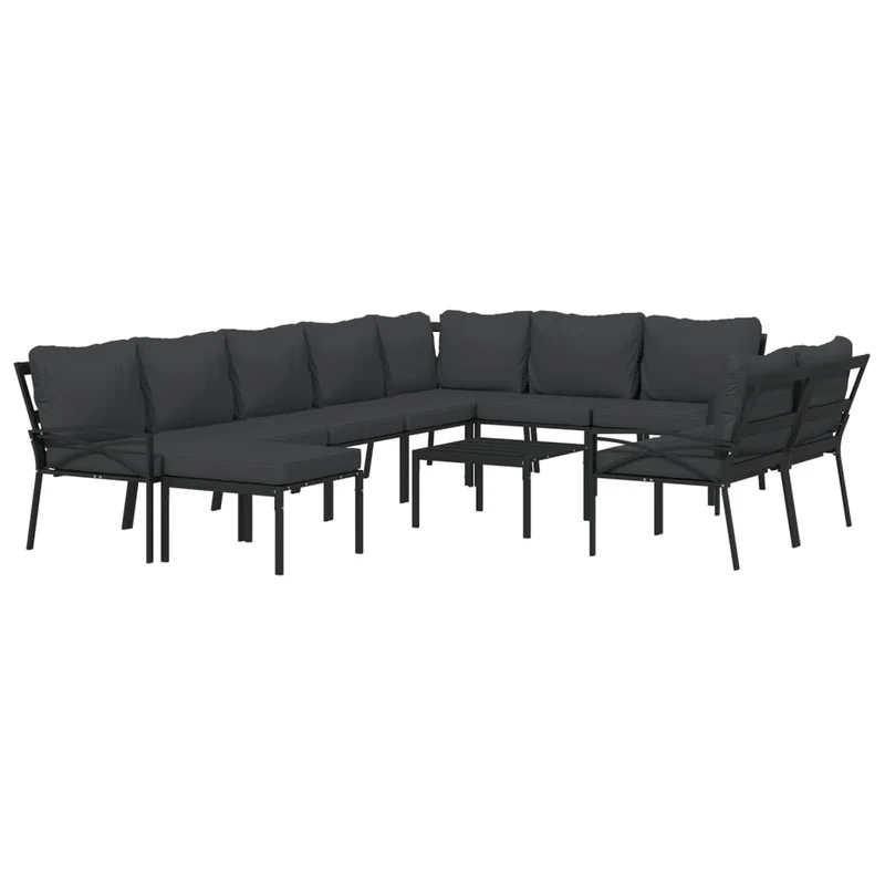 Salon de jardin meuble d'extérieur ensemble de mobilier 11 pièces avec coussins gris acier 02_0015327
