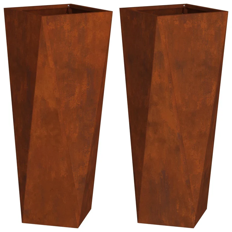 Lot de 2 jardinières extérieures modernes 30 x 30 x 75 cm avec base intégrée en acier rouillé 02_0053019