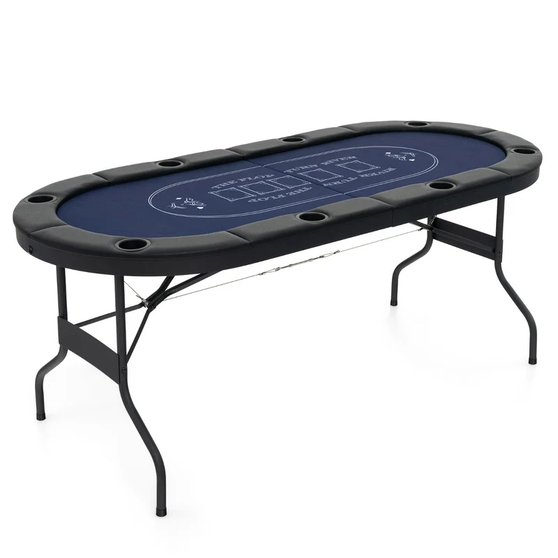 Table de poker pliable 182 x 82 x 75 cm pour 8 joueurs surface feutre luxe rebords rembourrés en bleu 20_0014039